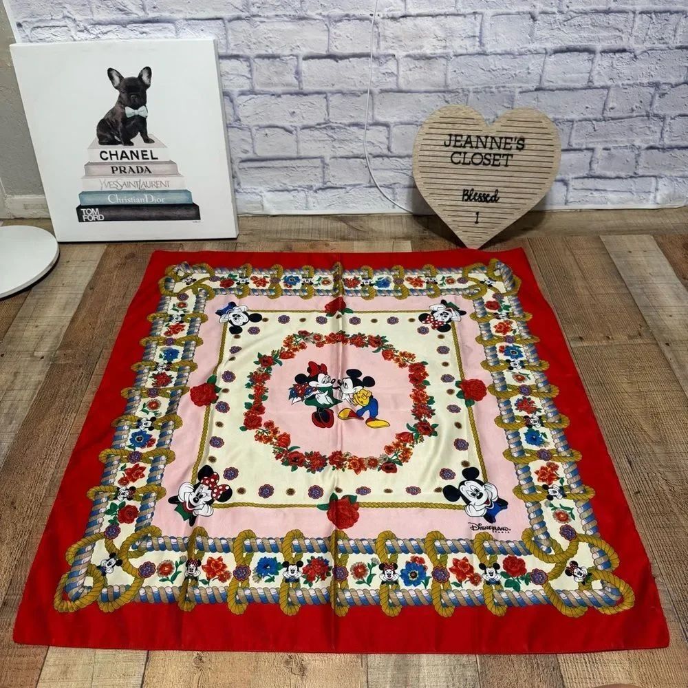 DISNEY PARKS PARIS SCARF 35" x 33” Disneyland Mickey Minnie Ropes Floral - Picture 2 of 10